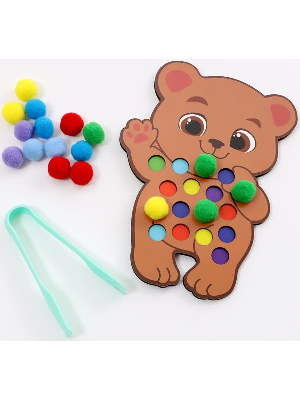 Сортер деревянный «Мишка» с помпонами и пинцетом, 15×21 см