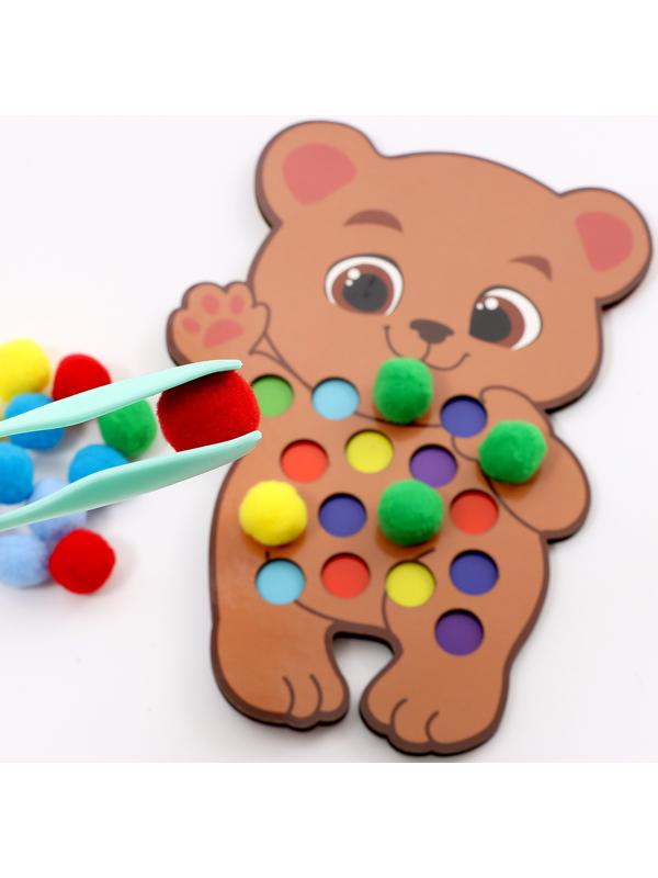 Сортер деревянный «Мишка» с помпонами и пинцетом, 15×21 см