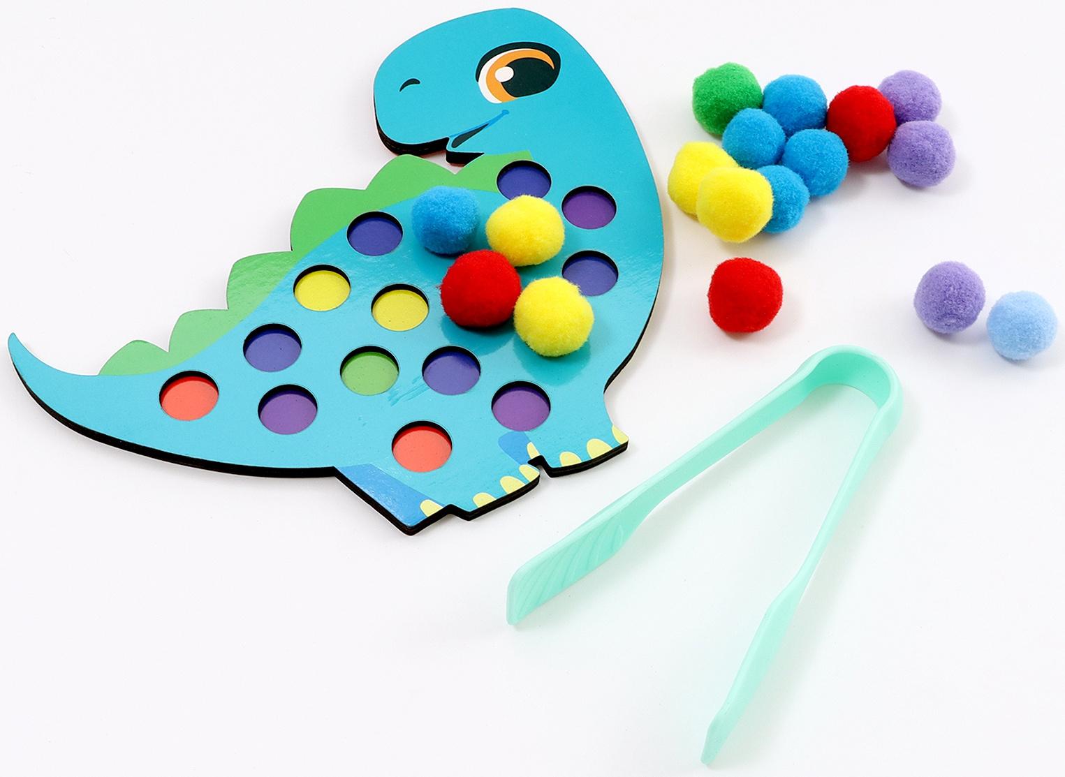 Сортер деревянный «Дино» с помпонами и пинцетом, 15×21 см