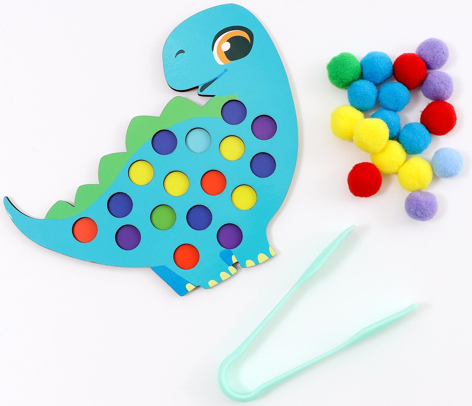 Сортер деревянный «Дино» с помпонами и пинцетом, 15×21 см