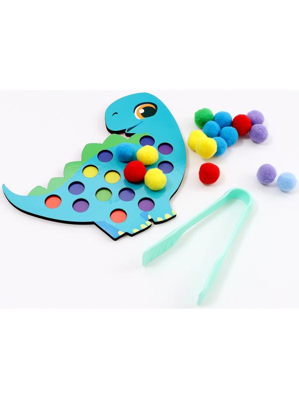 Сортер деревянный «Дино» с помпонами и пинцетом, 15×21 см