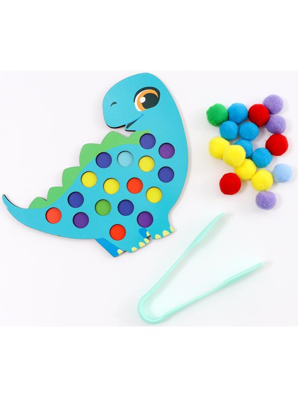 Сортер деревянный «Дино» с помпонами и пинцетом, 15×21 см