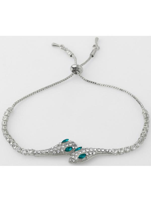 Браслет со стразами «Змея», цвет зелёный в серебре
