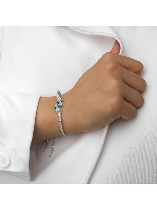 Браслет со стразами «Змея», цвет зелёный в серебре