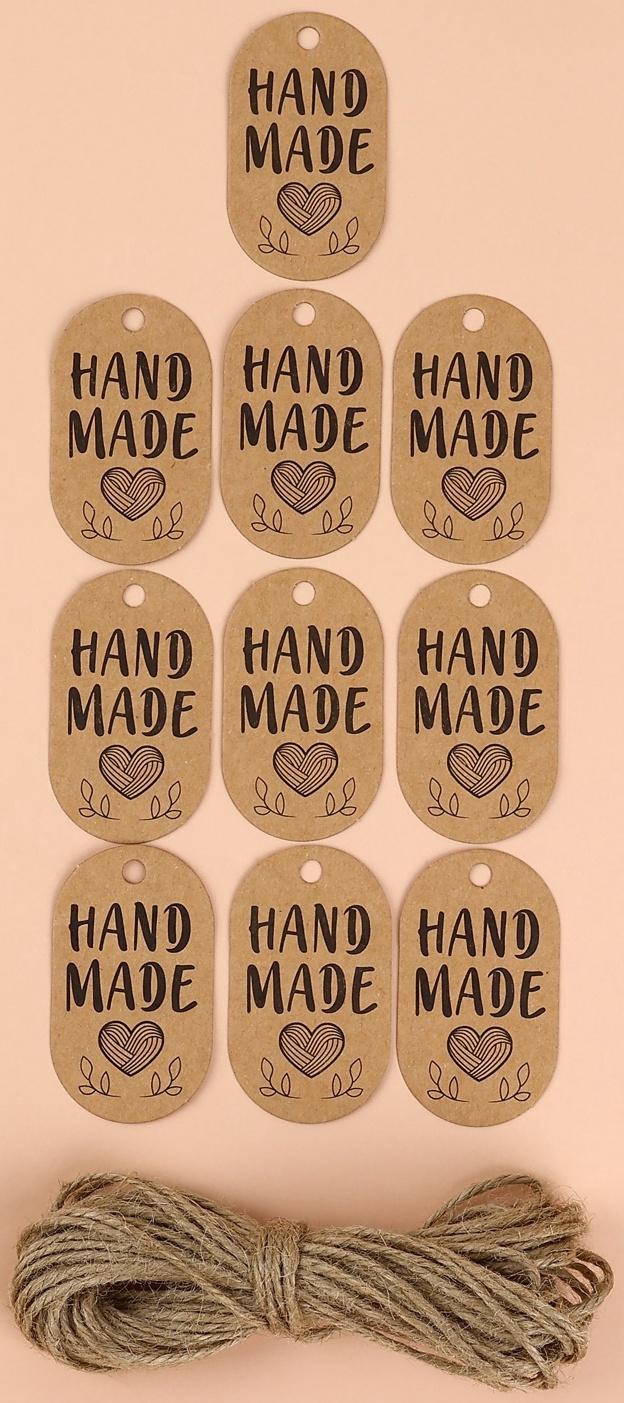 Набор бирок с джутом и наклейками «Hand made», 10 шт, 3,5 × 6 см / 6 шт, 4 × 4 см, цвет крафт
