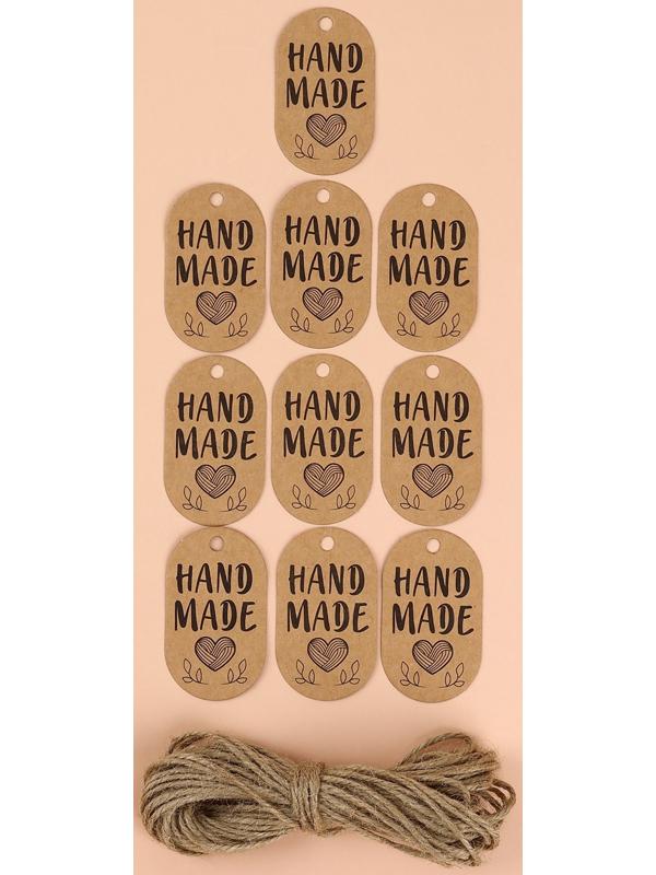 Набор бирок с джутом и наклейками «Hand made», 10 шт, 3,5 × 6 см / 6 шт, 4 × 4 см, цвет крафт