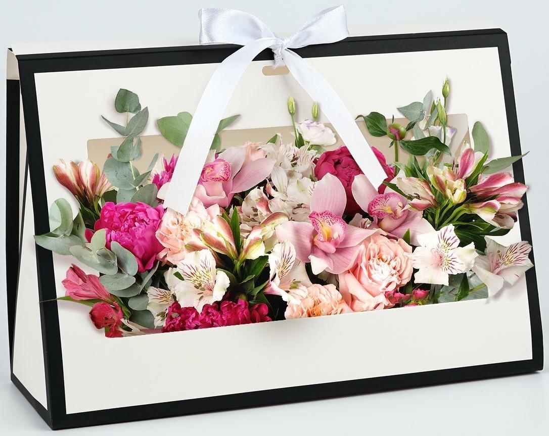 Складная коробка для цветов с окном «Счастье», белая, 16 х 27 х 9 см