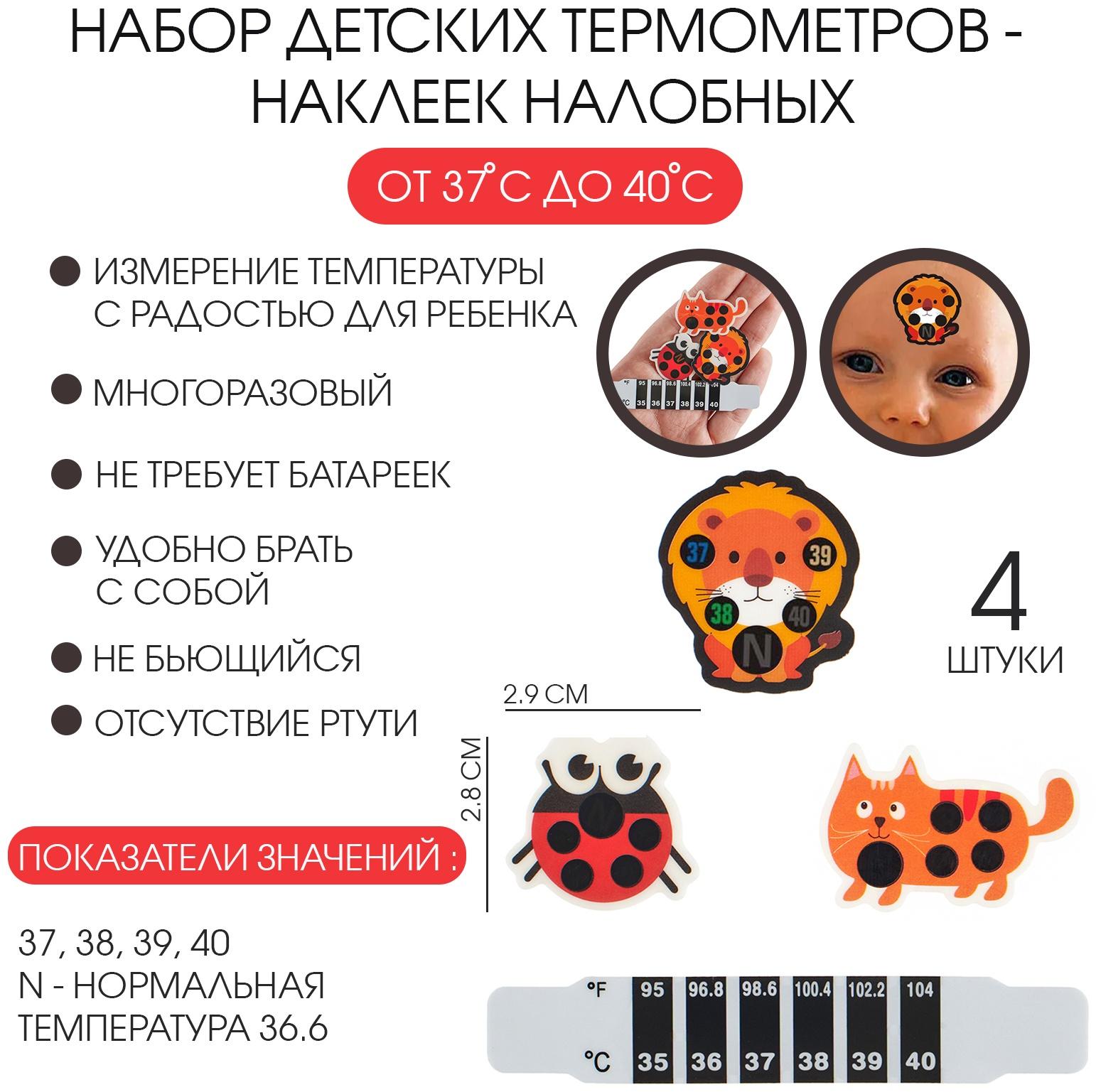 Детский термометр-наклейка налобный, градусник для новорожденных «Милые зверушки», до 40°, набор 4 шт.