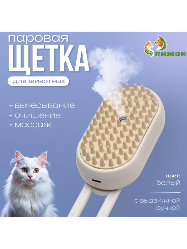 Паровая щетка-расческа для животных, с USB-зарядкой и выдвижной ручкой, белая