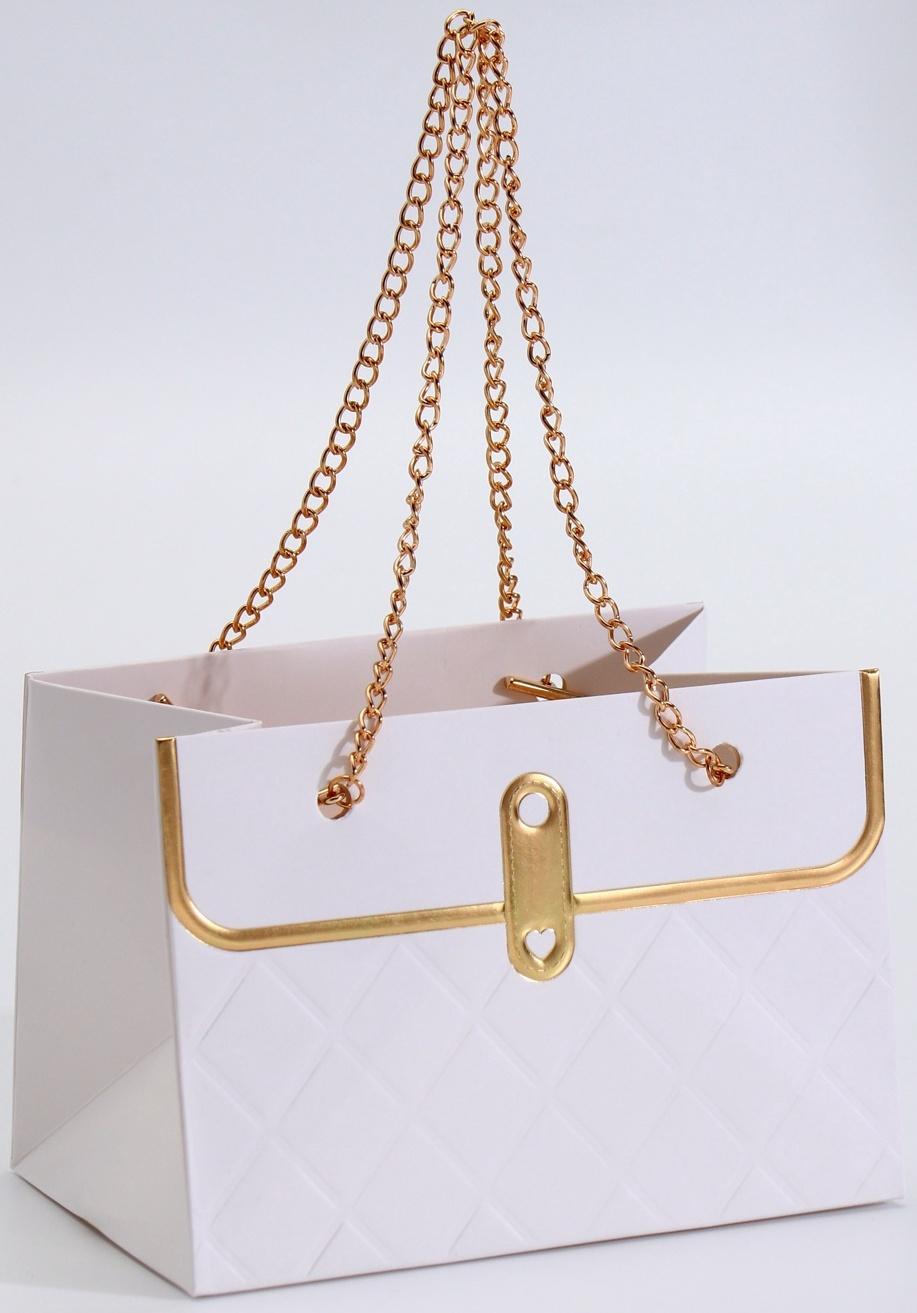 Пакет переноска для цветов, ручка цепь, «Белый», с золотым тиснением, 15×10.5×10 см