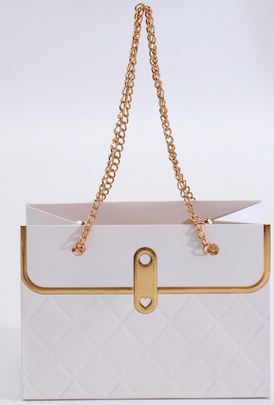 Пакет переноска для цветов, ручка цепь, «Белый», с золотым тиснением, 15×10.5×10 см