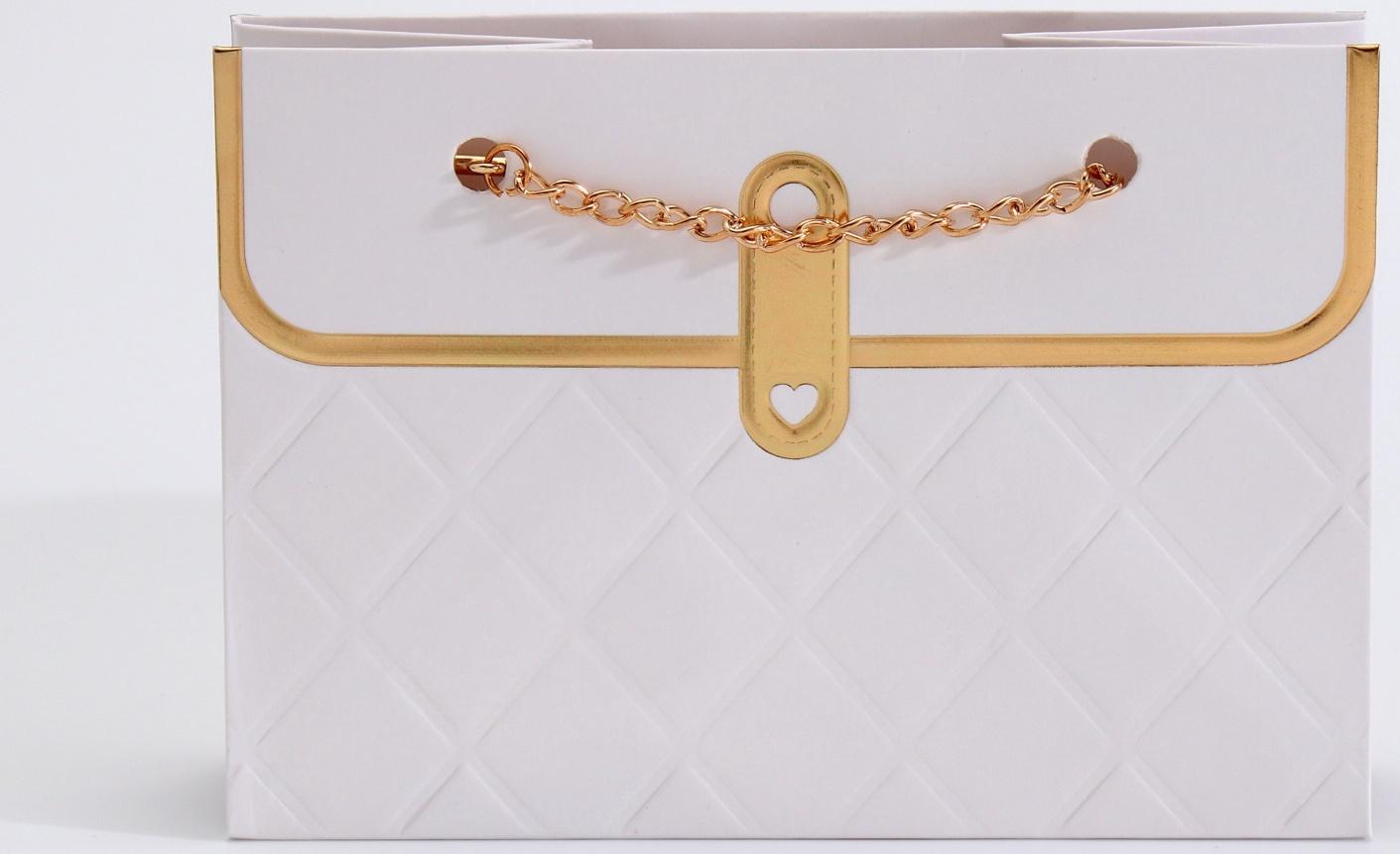 Пакет переноска для цветов, ручка цепь, «Белый», с золотым тиснением, 15×10.5×10 см