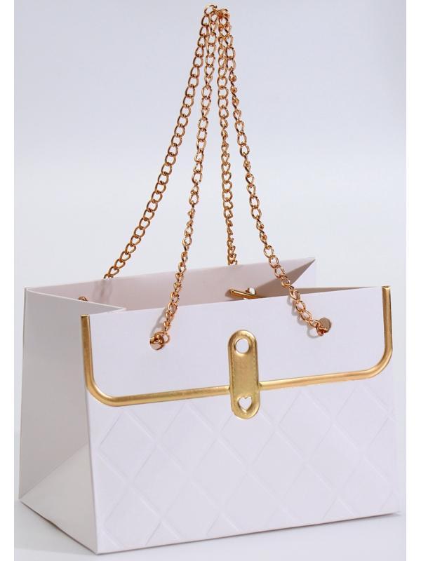 Пакет переноска для цветов, ручка цепь, «Белый», с золотым тиснением, 15×10.5×10 см