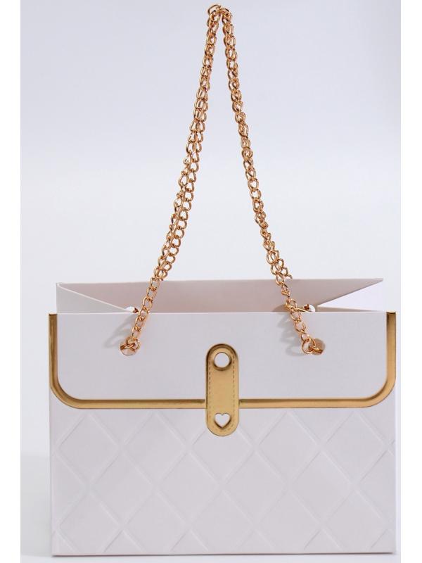 Пакет переноска для цветов, ручка цепь, «Белый», с золотым тиснением, 15×10.5×10 см