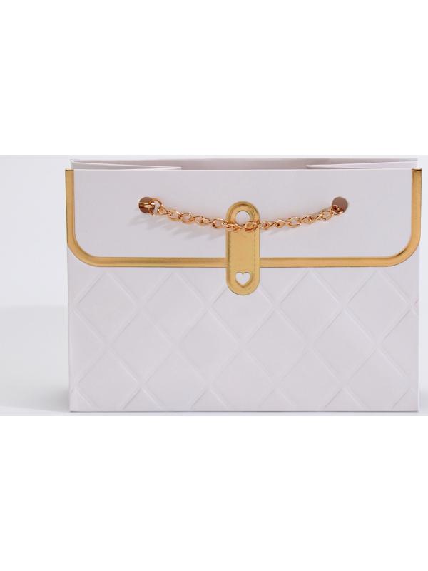 Пакет переноска для цветов, ручка цепь, «Белый», с золотым тиснением, 15×10.5×10 см