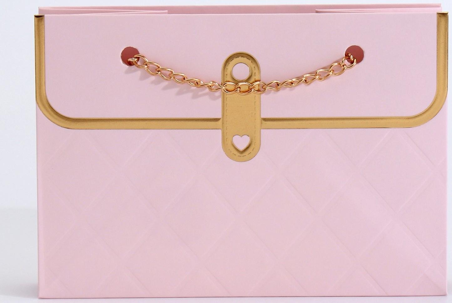 Пакет переноска для цветов, ручка цепь, «Розовый», с золотым тиснением, 15×10.5×10 см