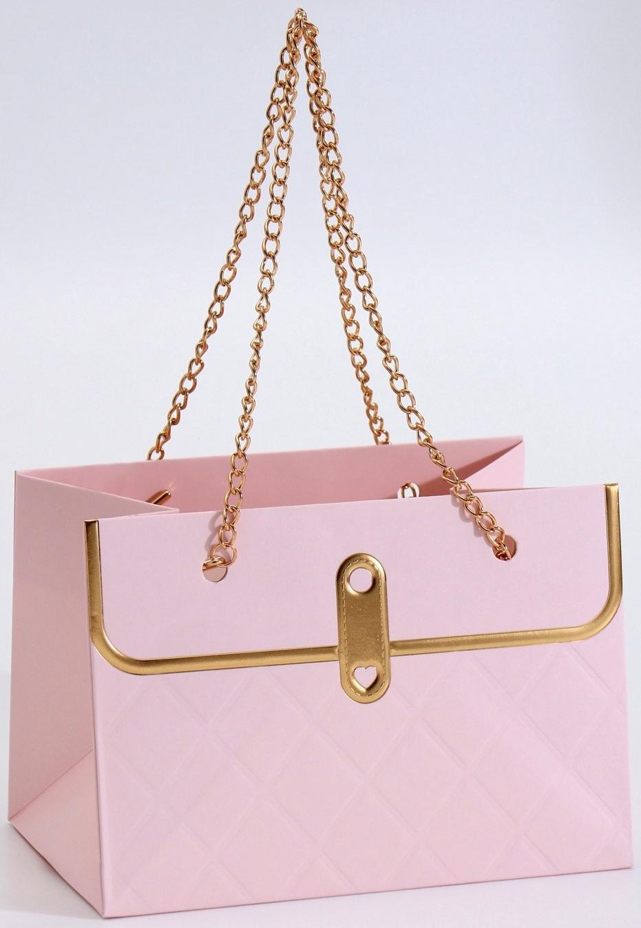 Пакет переноска для цветов, ручка цепь, «Розовый», с золотым тиснением, 15×10.5×10 см
