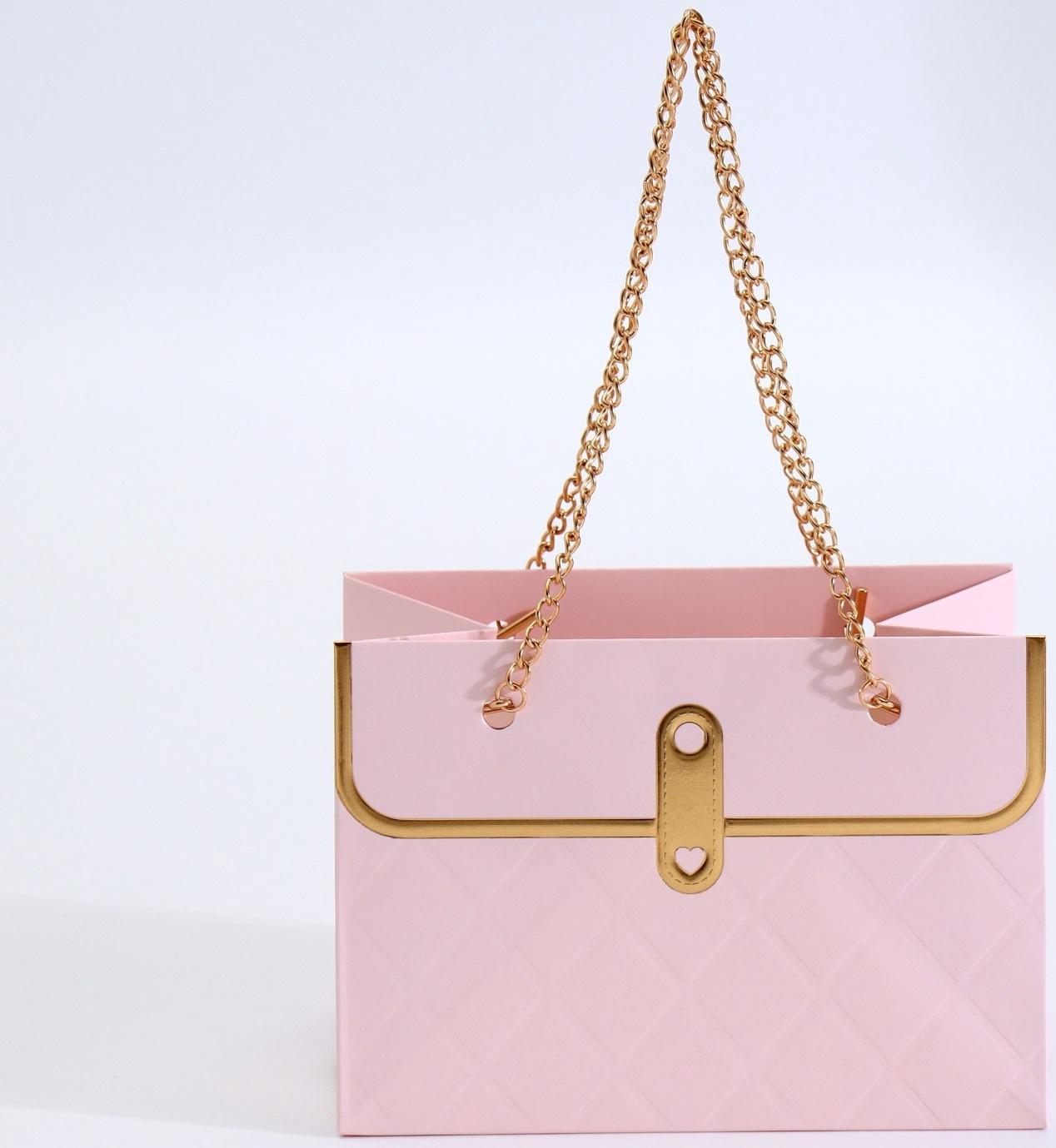Пакет переноска для цветов, ручка цепь, «Розовый», с золотым тиснением, 15×10.5×10 см