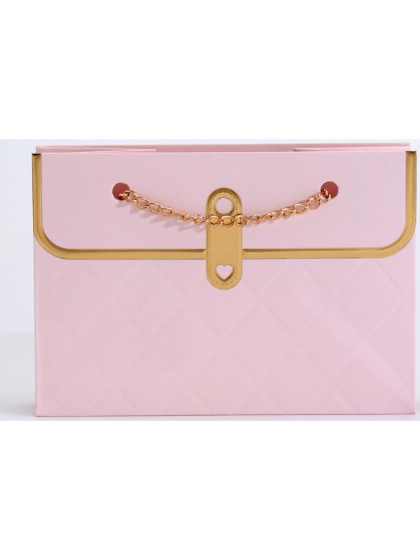 Пакет переноска для цветов, ручка цепь, «Розовый», с золотым тиснением, 15×10.5×10 см