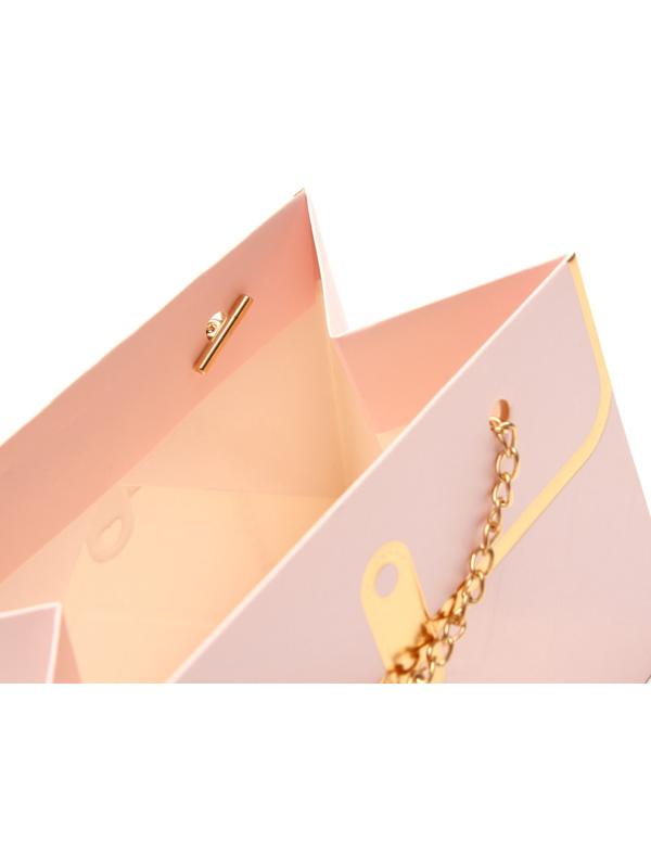 Пакет переноска для цветов, ручка цепь, «Розовый», с золотым тиснением, 15×10.5×10 см