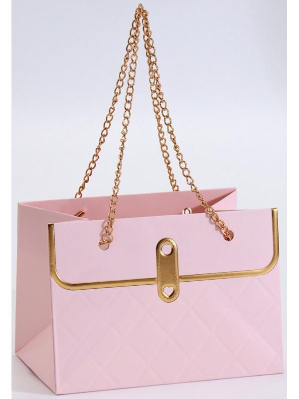 Пакет переноска для цветов, ручка цепь, «Розовый», с золотым тиснением, 15×10.5×10 см