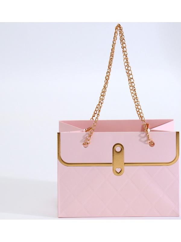 Пакет переноска для цветов, ручка цепь, «Розовый», с золотым тиснением, 15×10.5×10 см