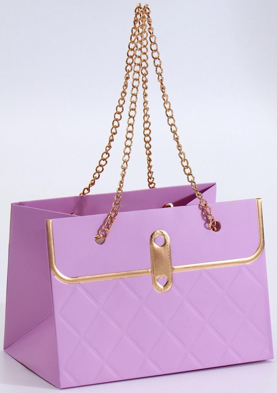 Пакет переноска для цветов, ручка цепь, «Сиреневый», с золотым тиснением, 15×10.5×10 см