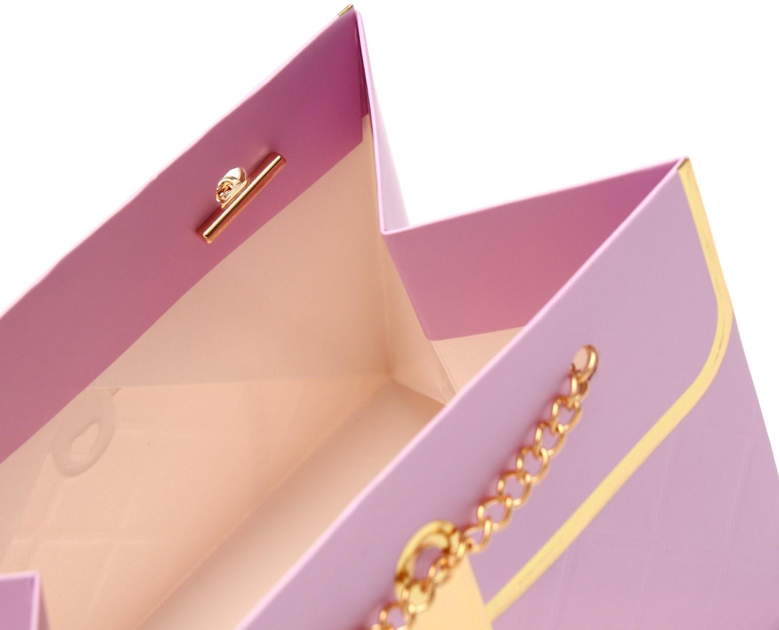 Пакет переноска для цветов, ручка цепь, «Сиреневый», с золотым тиснением, 15×10.5×10 см