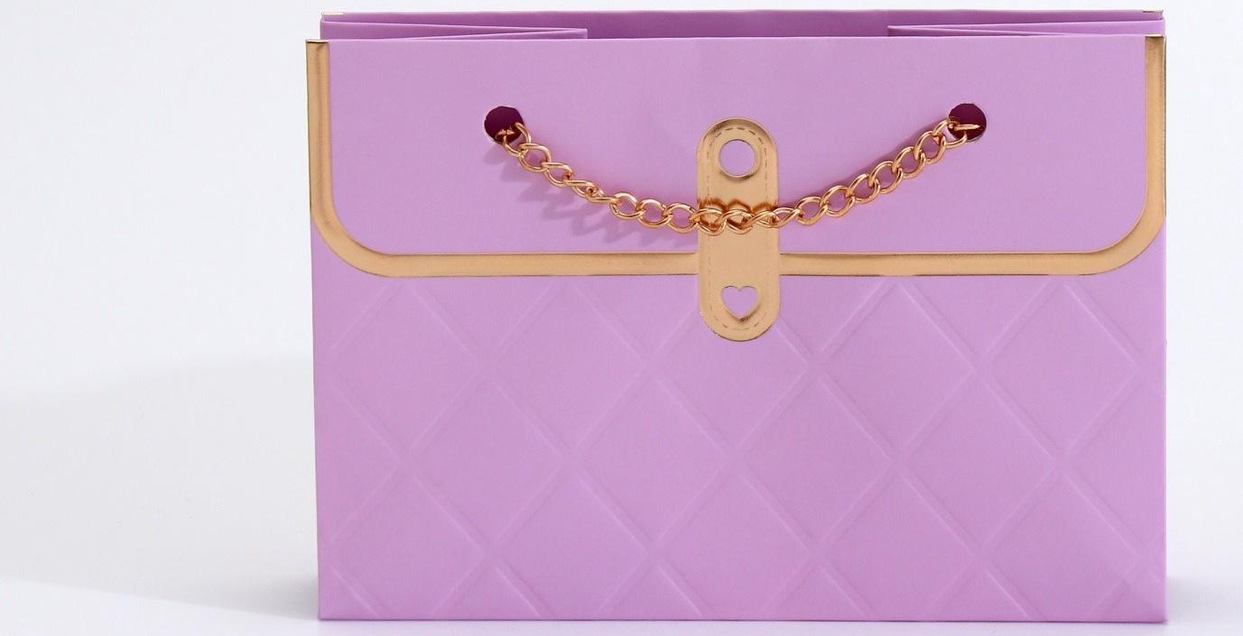 Пакет переноска для цветов, ручка цепь, «Сиреневый», с золотым тиснением, 15×10.5×10 см