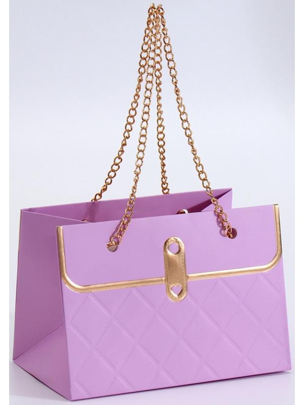 Пакет переноска для цветов, ручка цепь, «Сиреневый», с золотым тиснением, 15×10.5×10 см