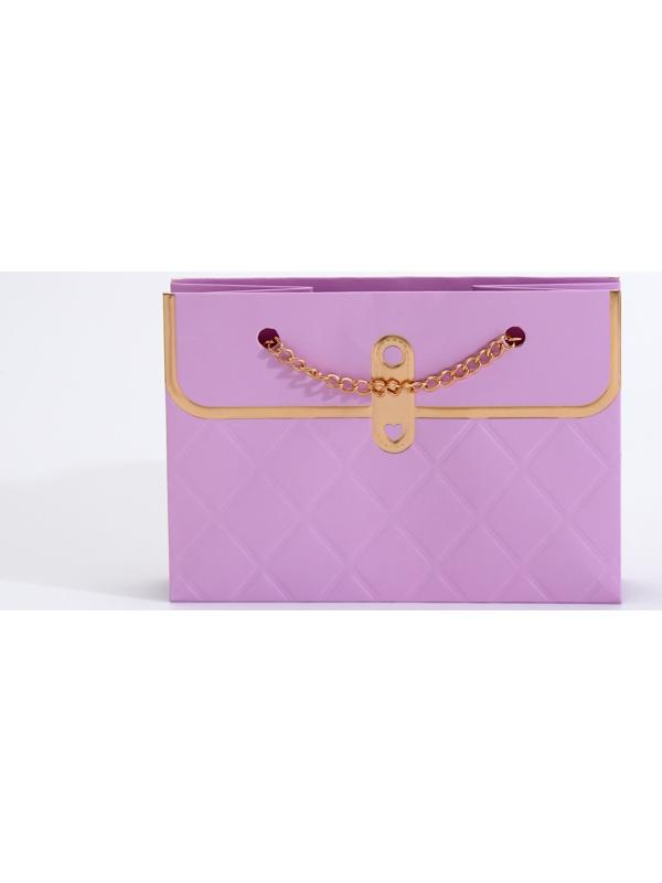 Пакет переноска для цветов, ручка цепь, «Сиреневый», с золотым тиснением, 15×10.5×10 см
