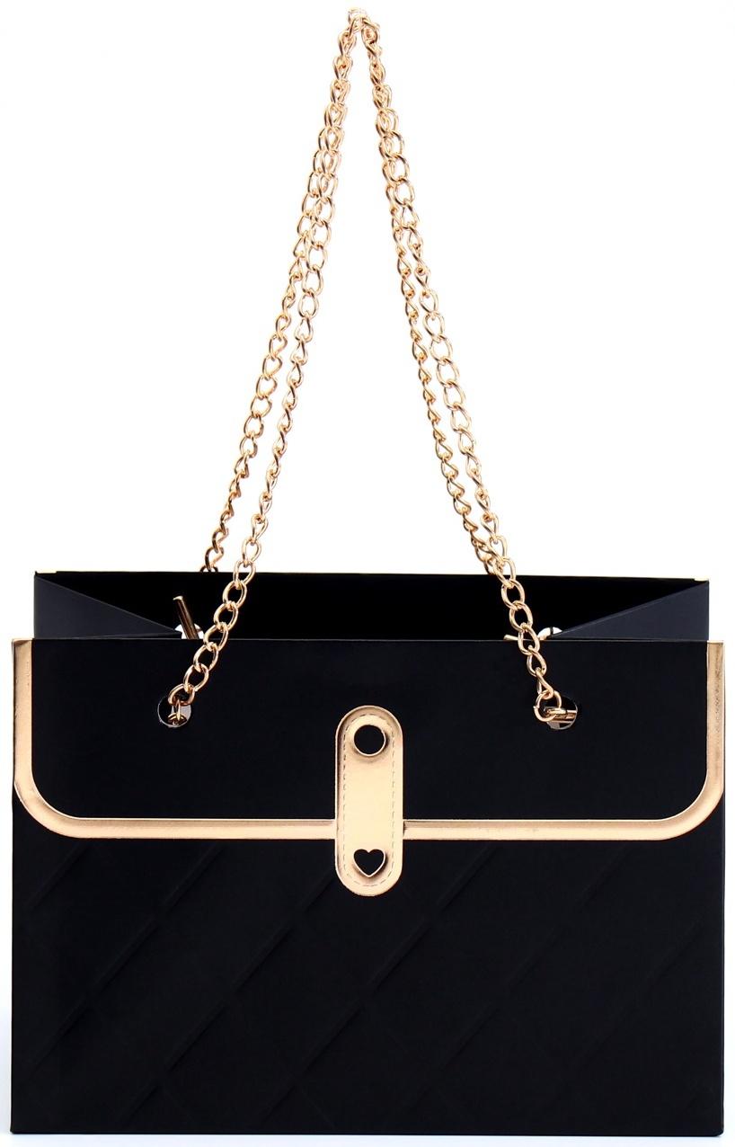 Пакет переноска для цветов, ручка цепь, «Чёрный», с золотым тиснением, 15×10.5×10 см