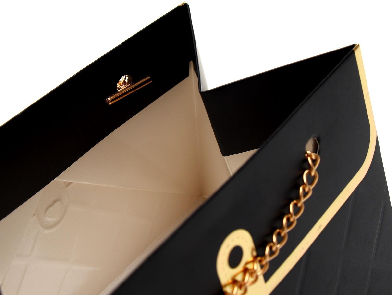 Пакет переноска для цветов, ручка цепь, «Чёрный», с золотым тиснением, 15×10.5×10 см