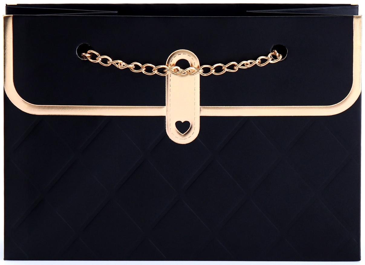 Пакет переноска для цветов, ручка цепь, «Чёрный», с золотым тиснением, 15×10.5×10 см