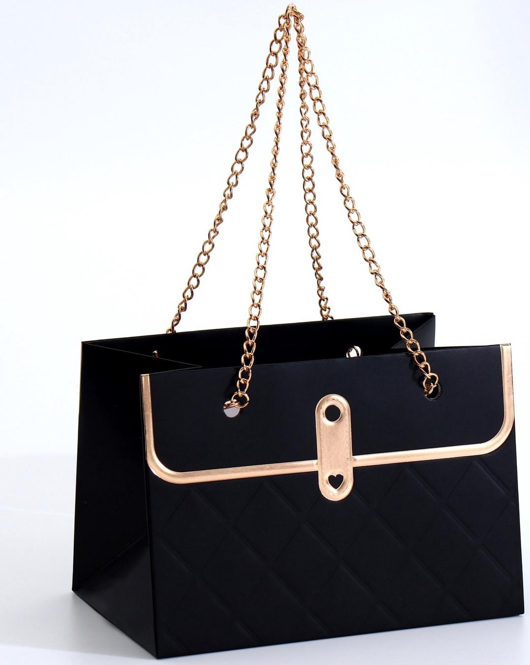 Пакет переноска для цветов, ручка цепь, «Чёрный», с золотым тиснением, 15×10.5×10 см