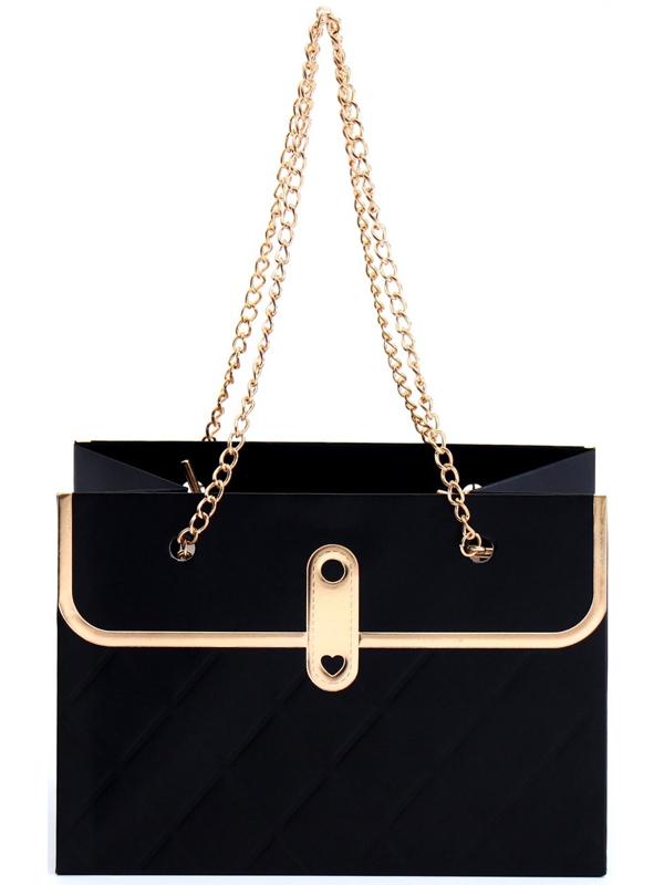 Пакет переноска для цветов, ручка цепь, «Чёрный», с золотым тиснением, 15×10.5×10 см