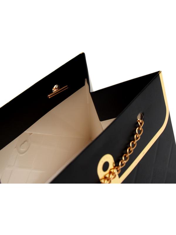 Пакет переноска для цветов, ручка цепь, «Чёрный», с золотым тиснением, 15×10.5×10 см