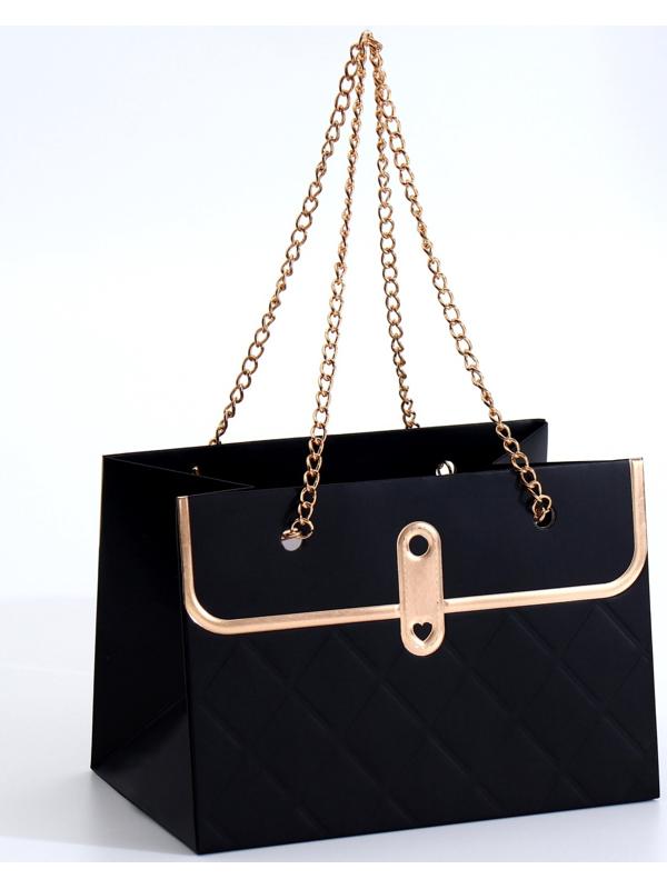 Пакет переноска для цветов, ручка цепь, «Чёрный», с золотым тиснением, 15×10.5×10 см