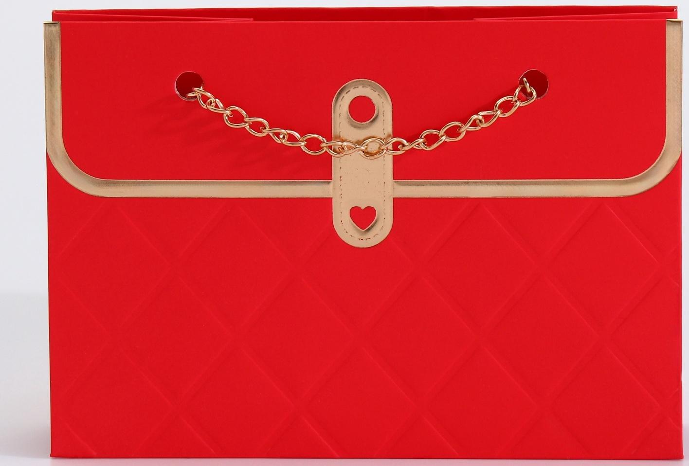 Пакет переноска для цветов, ручка цепь, «Красный», с золотым тиснением, 15×10.5×10 см