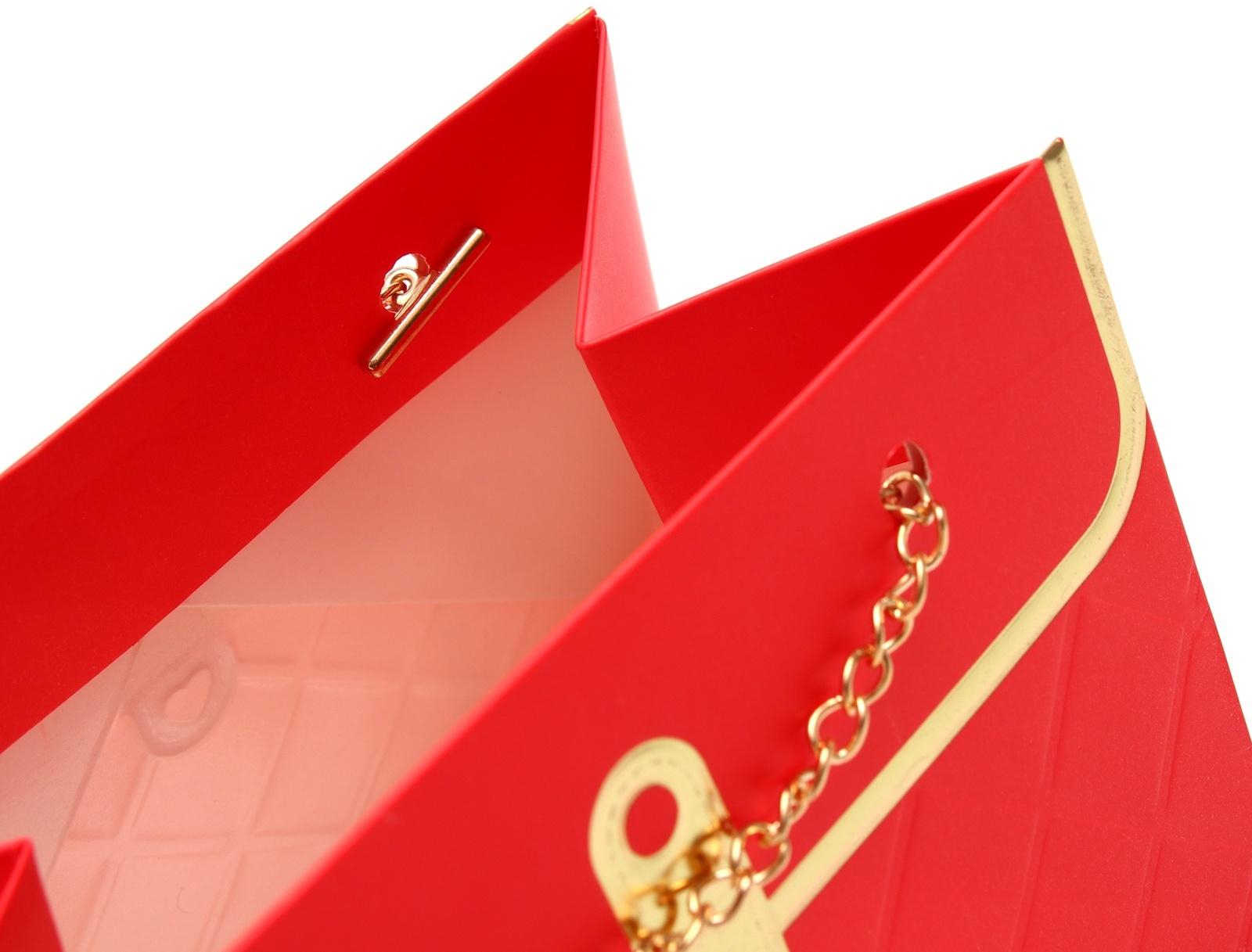 Пакет переноска для цветов, ручка цепь, «Красный», с золотым тиснением, 15×10.5×10 см