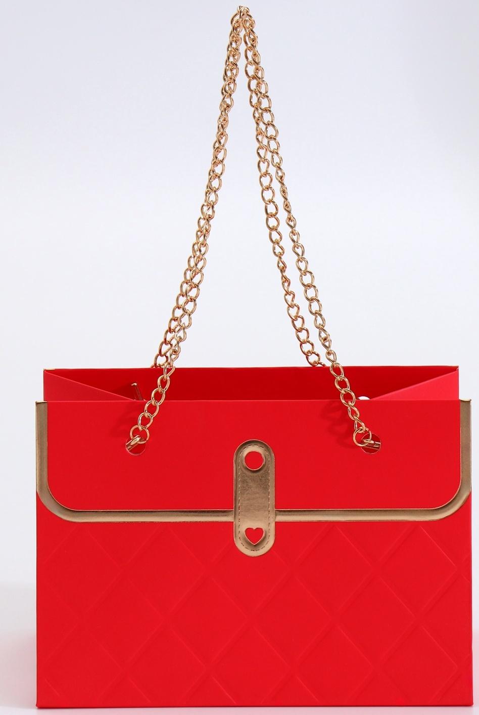 Пакет переноска для цветов, ручка цепь, «Красный», с золотым тиснением, 15×10.5×10 см