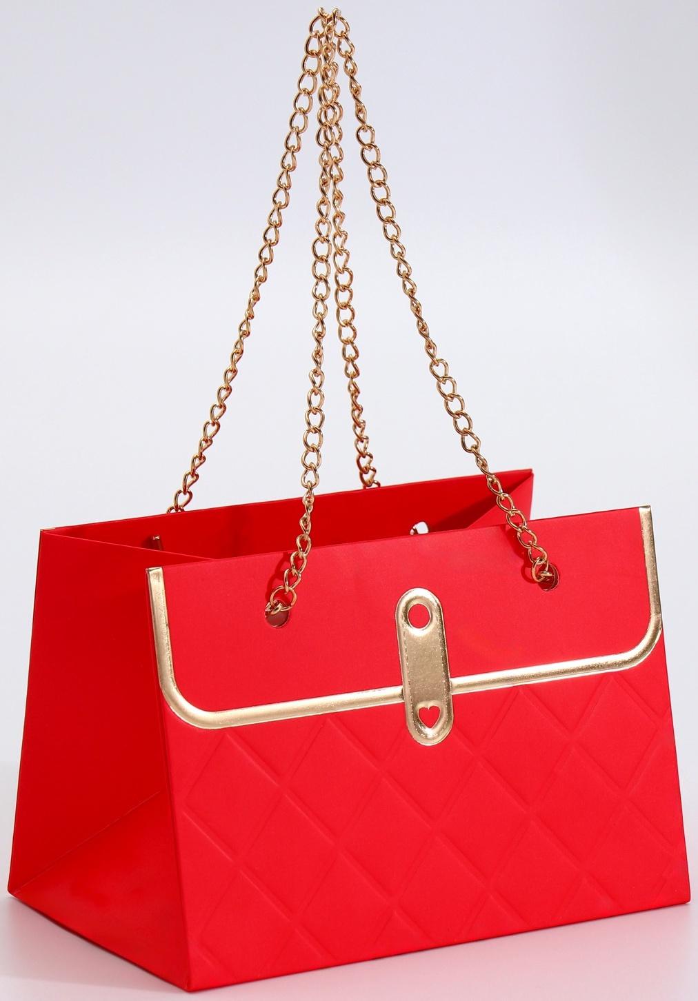 Пакет переноска для цветов, ручка цепь, «Красный», с золотым тиснением, 15×10.5×10 см