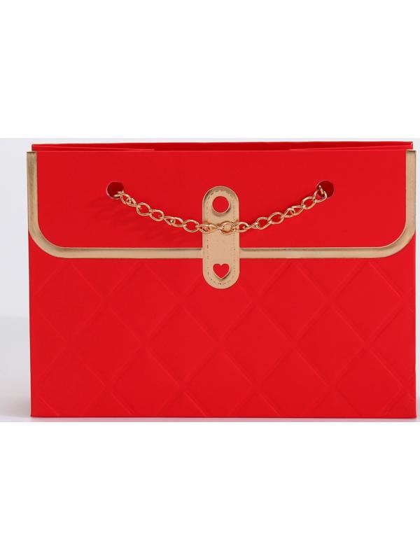 Пакет переноска для цветов, ручка цепь, «Красный», с золотым тиснением, 15×10.5×10 см