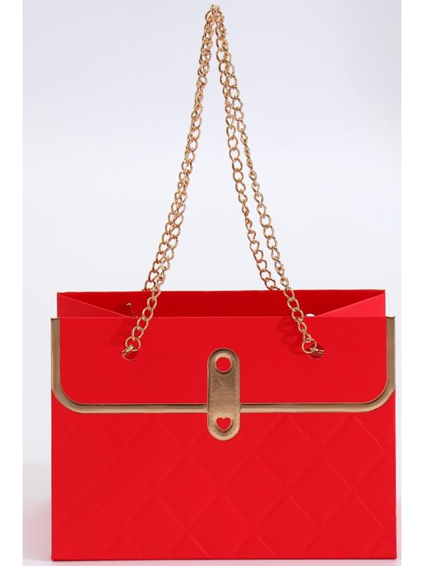 Пакет переноска для цветов, ручка цепь, «Красный», с золотым тиснением, 15×10.5×10 см