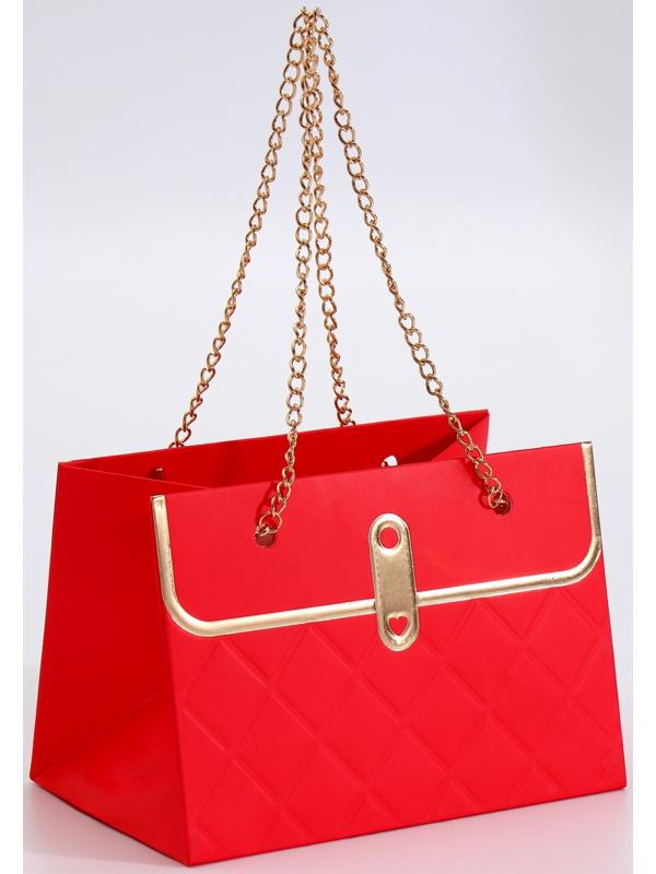 Пакет переноска для цветов, ручка цепь, «Красный», с золотым тиснением, 15×10.5×10 см