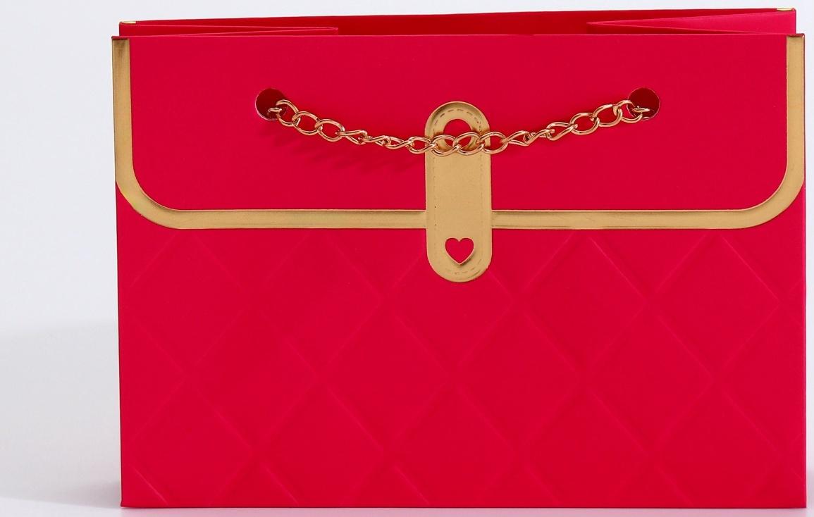 Пакет переноска для цветов, ручка цепь, «Малиновый», с золотым тиснением, 15×10.5×10 см