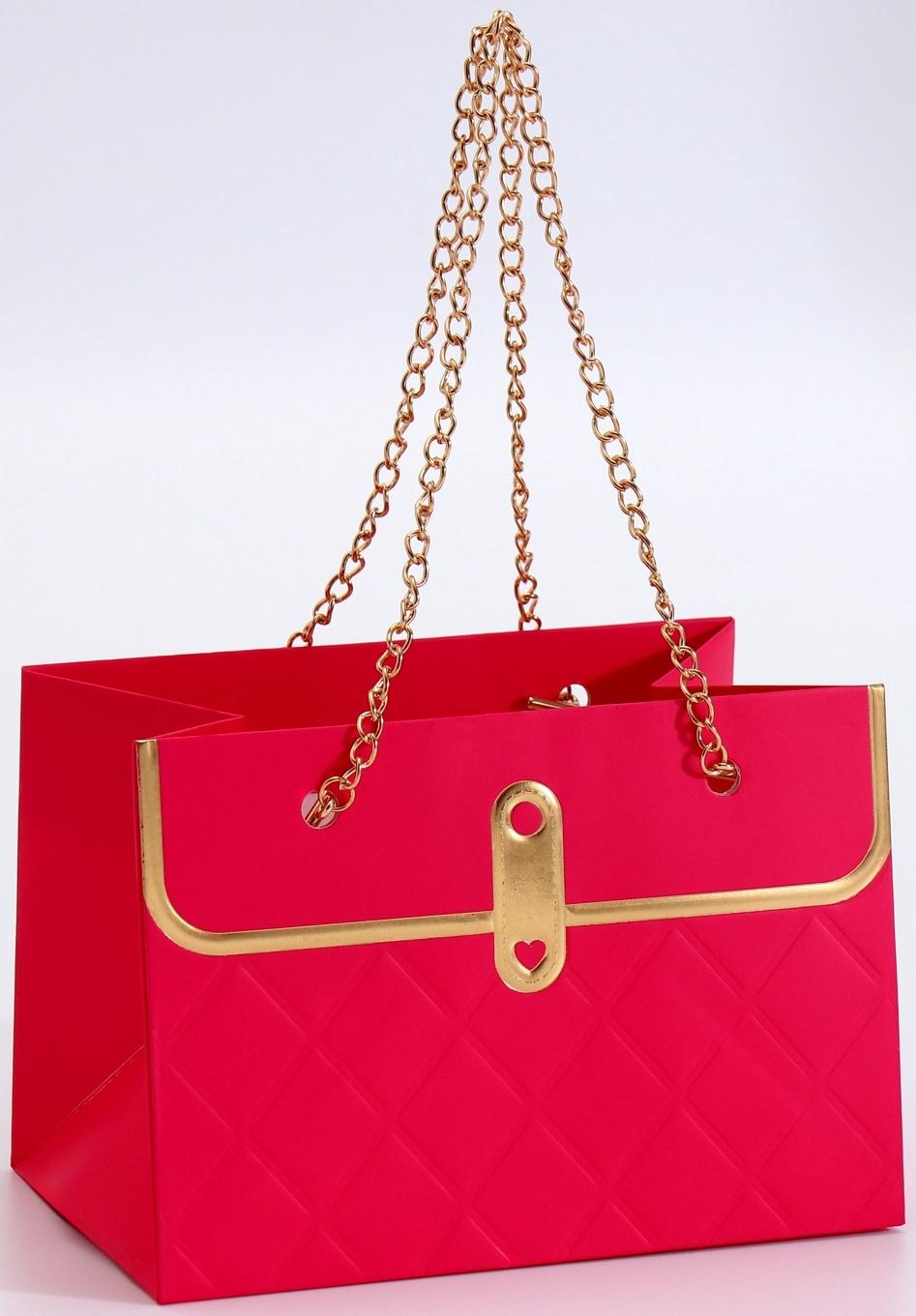 Пакет переноска для цветов, ручка цепь, «Малиновый», с золотым тиснением, 15×10.5×10 см