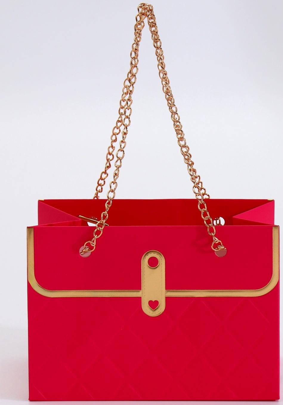 Пакет переноска для цветов, ручка цепь, «Малиновый», с золотым тиснением, 15×10.5×10 см