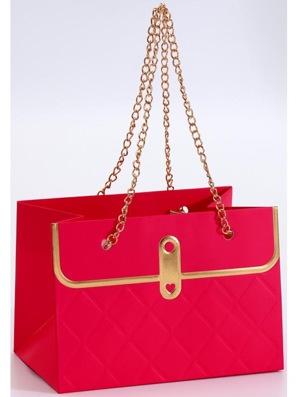 Пакет переноска для цветов, ручка цепь, «Малиновый», с золотым тиснением, 15×10.5×10 см