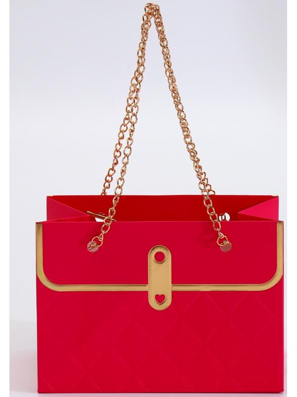 Пакет переноска для цветов, ручка цепь, «Малиновый», с золотым тиснением, 15×10.5×10 см